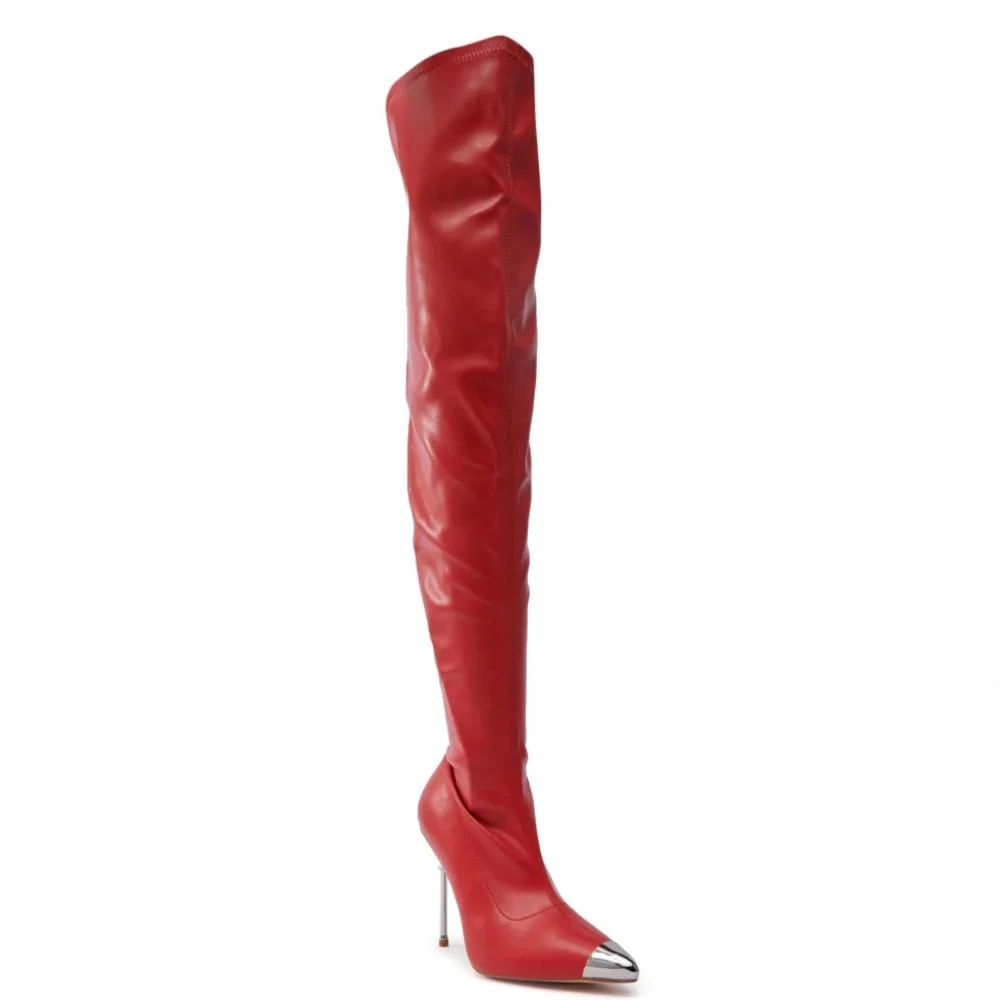 Red Vegan Leather Over-the-Knee Thigh High Stiletto Boots